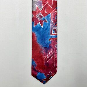 VTG 70s Oleg Cassini Men’s Neck Tie 4” Blue Red Polyester Short Necktie USA